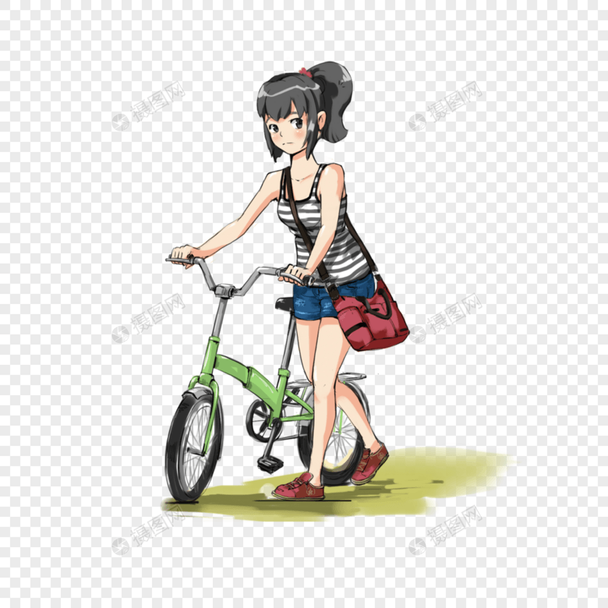 女孩推着自行车图片