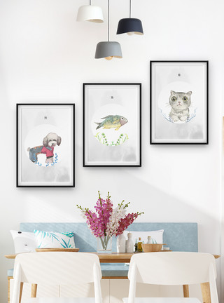 猫吃鱼分割线北欧风动物装饰画模板