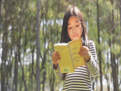 小熊在读书女孩站在草地上阅读GIF高清图片