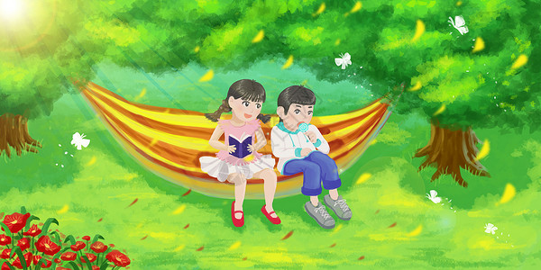 红花绿树夏天绿荫树下坐吊床的儿童插画