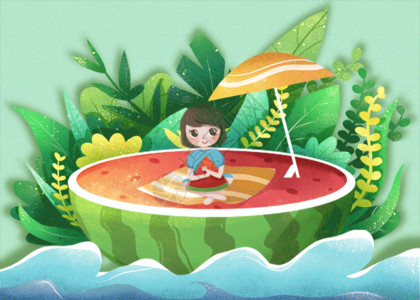 吃西瓜的小女孩立夏插画gif动图高清图片