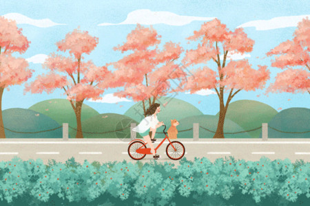 骑单车女孩插画夏天女孩骑单车gif高清图片