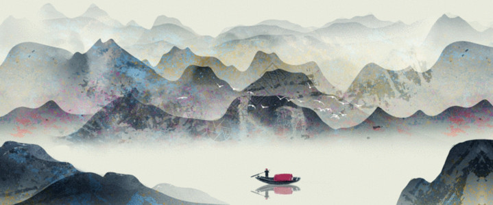 水墨泛舟中国风山水画GIF高清图片