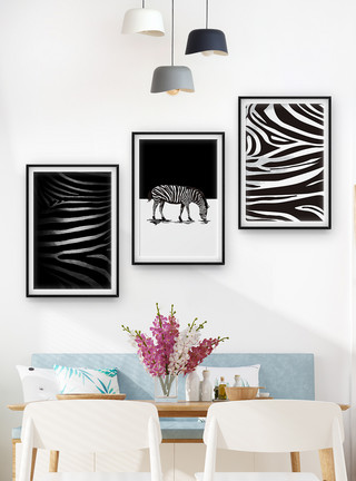欧式沙发墙时尚艺术斑马三联框装饰画模板
