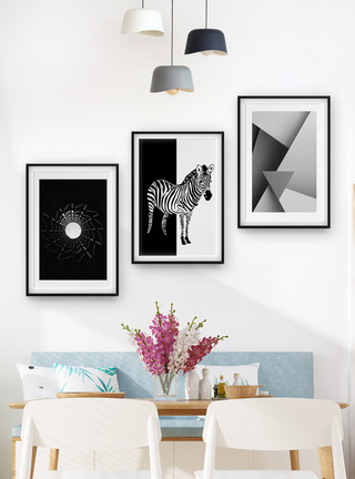 欧式沙发墙抽象艺术斑马三联框装饰画模板
