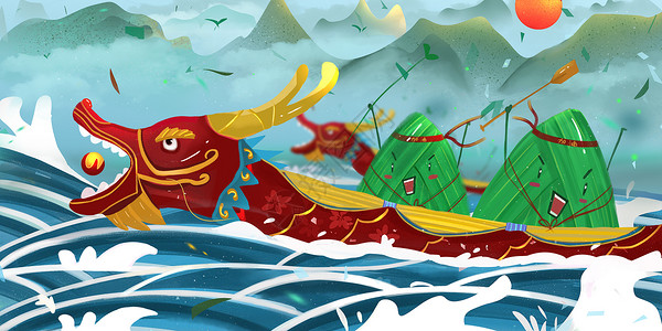 茉莉龙珠端午节赛龙舟插画