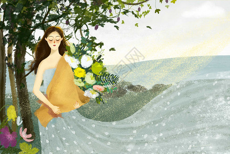 一束花花朵夏天海边的女孩插画