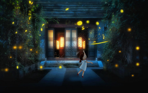 手绘色彩夏夜飞舞的萤火虫  GIF高清图片