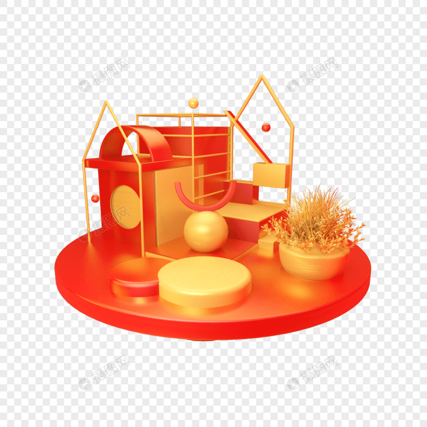 创意金红色房屋立体舞台图片