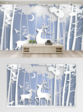 森林壁纸剪纸风森林鹿客厅背景墙模板