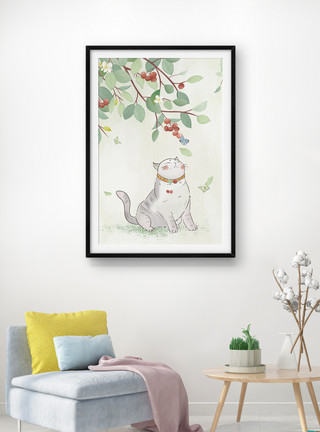 可爱快乐猫卡通手绘可爱猫咪家装挂画模板