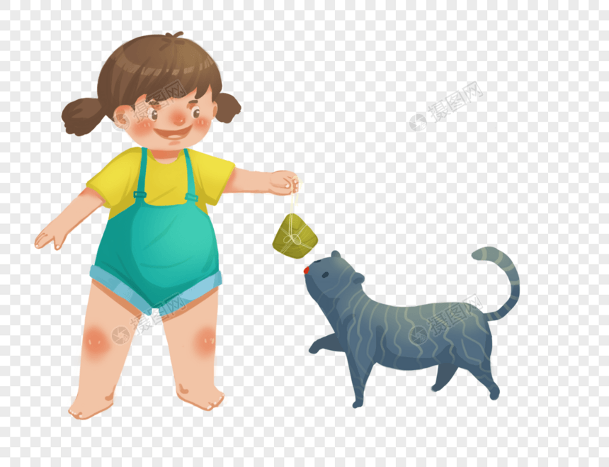 小女孩粽子和猫图片