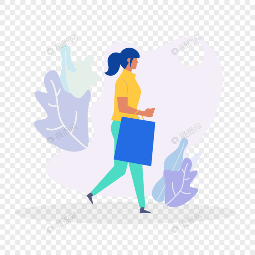女人散步购物图标免抠矢量插画素材图片