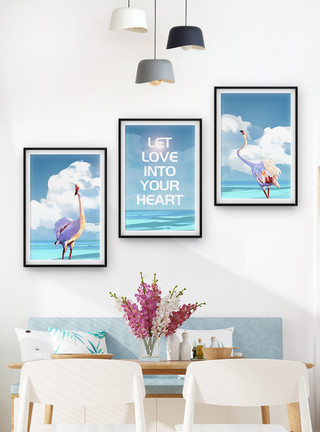 蓝色墙背景清新蓝色爱情鸟现代三联框装饰画模板