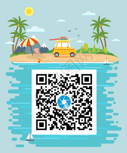 沙滩上的防嗮伞海边海滩旅游风情小汽车微信二维码引导关注GIF高清图片