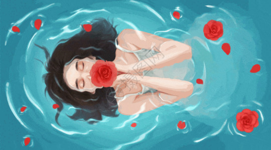 玫瑰天竺葵泡温泉的女子gif动图高清图片