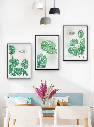 玳瑁龟北欧风背龟竹植物客厅装饰画三联框模板