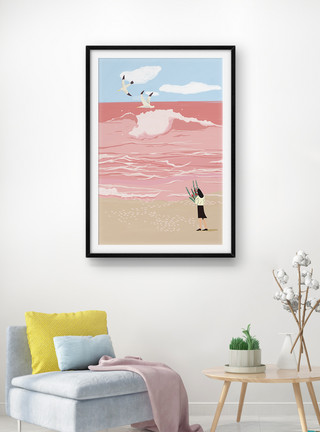 手绘云朵和鸟手绘粉色大海唯美室内装饰画模板