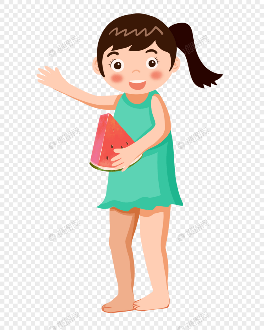 扎马尾的小女孩抱着西瓜图片