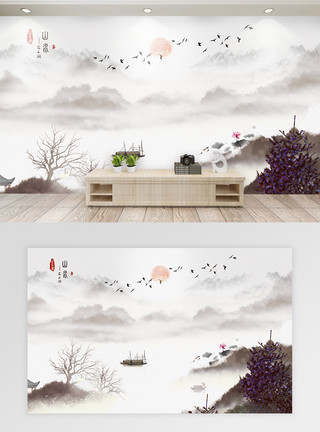 树枝画中国风山水水墨画背景墙模板