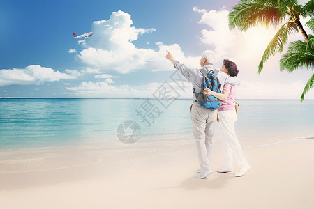 男人沙滩老年旅行设计图片