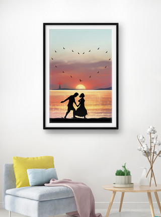 情侣在散步夕阳下情侣海边散步装饰画模板