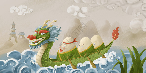 端午节粽子赛龙舟插画背景图片