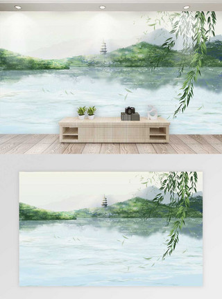 西湖雷峰塔绿色风景背景墙模板