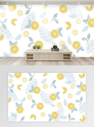 一片叶子柠檬水彩柠檬背景墙模板