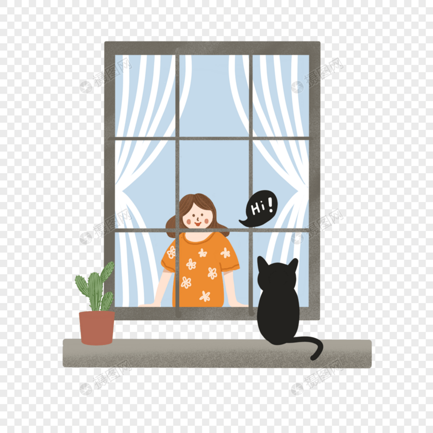 窗户小女孩和黑猫的对话图片