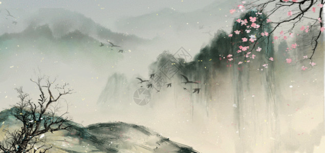 樱花树上飞鸟中国风水墨山水GIF高清图片