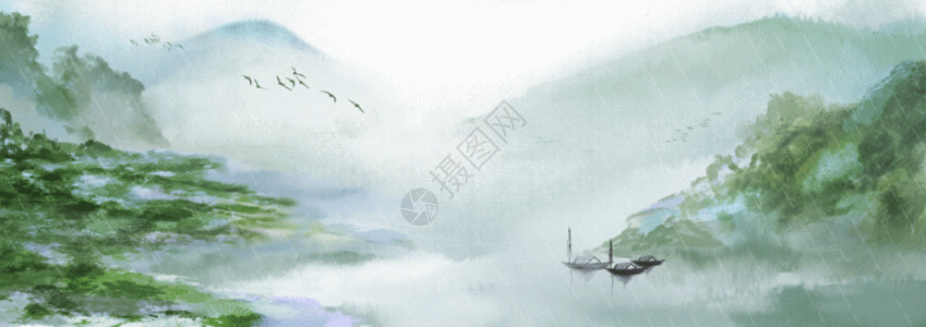 停靠的船只中国风山水GIF高清图片