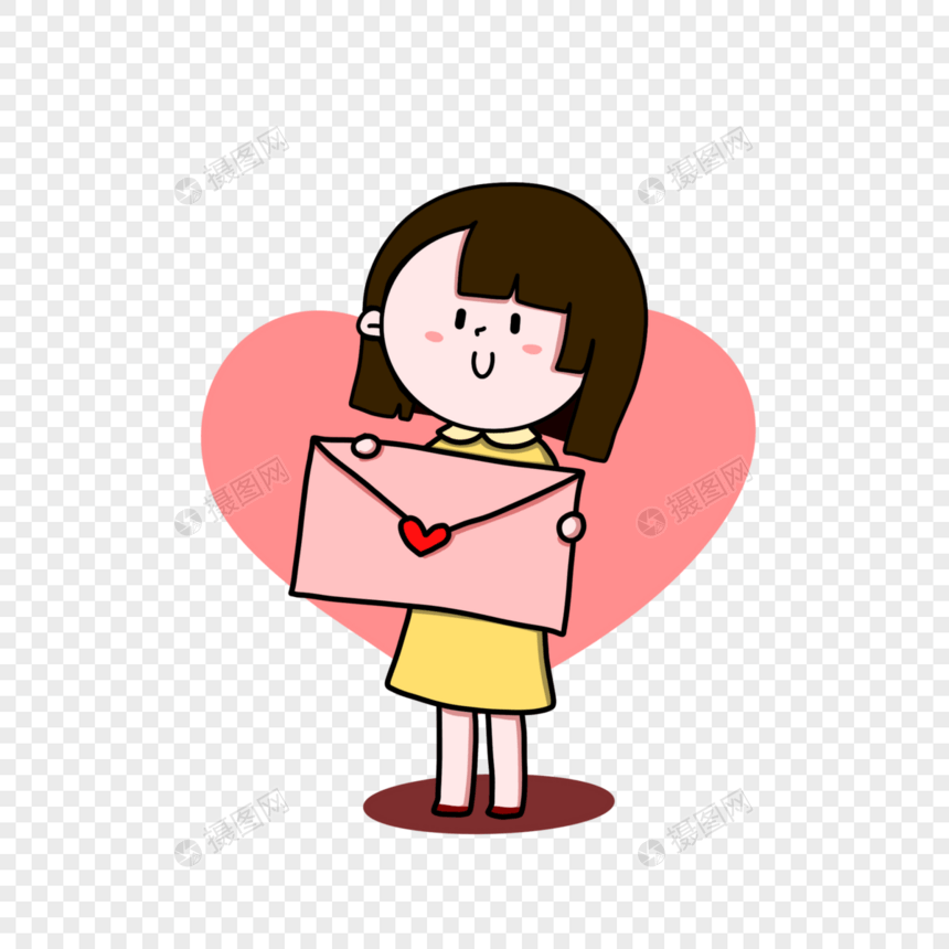 手绘可爱女孩拿粉色信纸示爱表白图片