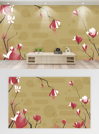 纯色背景墙中国风水墨玉兰花背景墙模板