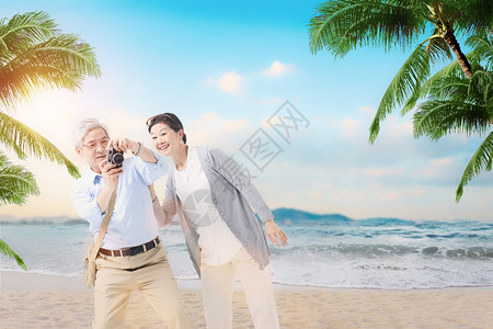 男人沙滩老年旅行设计图片