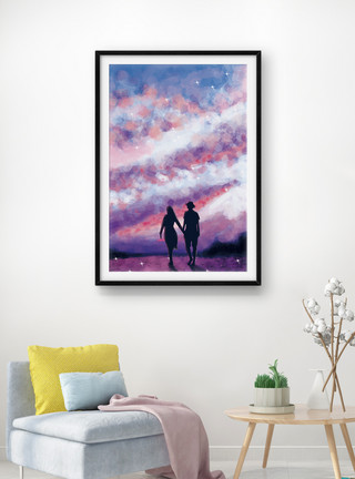 客厅情侣手绘海边情侣浪漫抽象油画客厅装饰画模板