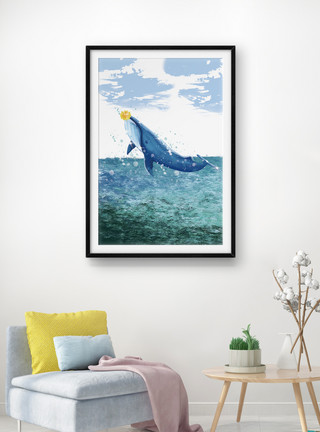 手绘卡通小鲸鱼手绘大海鲸鱼跳跃浪花油画客厅装饰画模板
