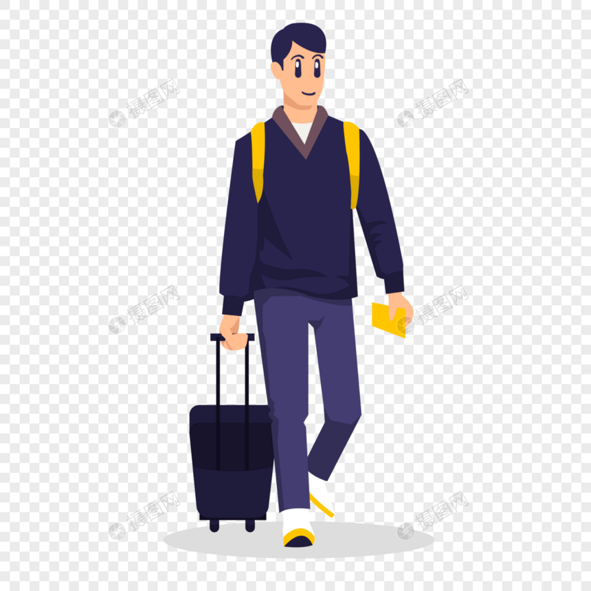 卡通手绘帅气男孩拉着行李箱背着背包开心回家图片