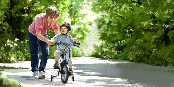 父亲教孩子骑车父亲教儿子骑车插画