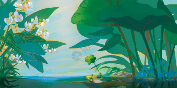 宗教壁画夏天青蛙坐船游玩gif高清图片