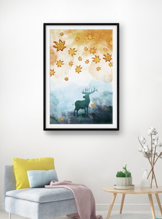 水墨麋鹿手绘抽象水墨小黄花麋鹿客厅装饰画模板