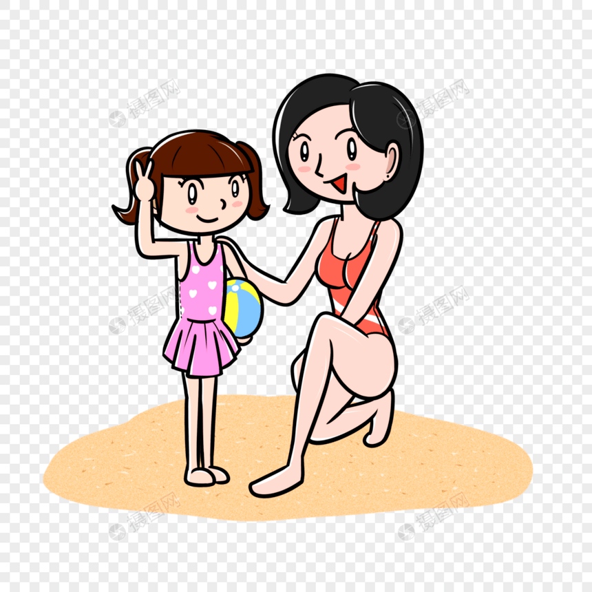 夏天母女在沙滩游玩图片