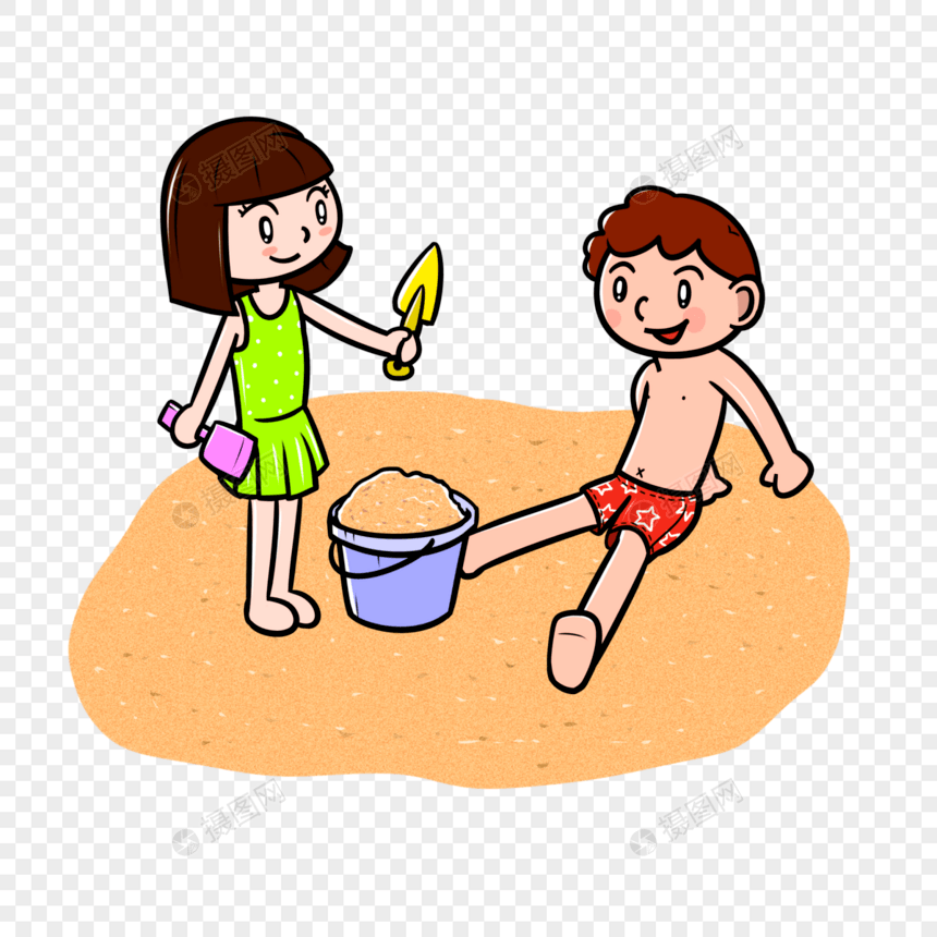 夏天小男孩和小女孩沙滩玩沙堆图片