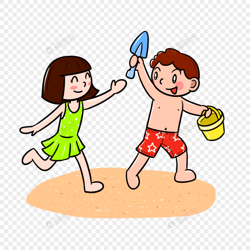 夏天小男孩和小女孩沙滩追闹图片