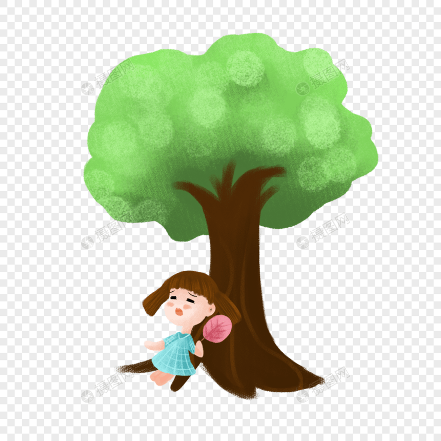 手绘夏天树下乘凉的女孩扇扇子图片