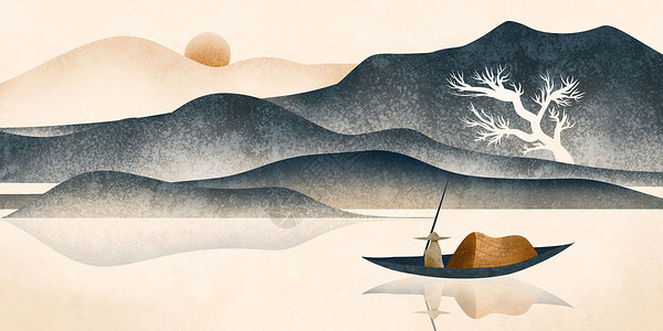 夕阳渔船中国风山水插画