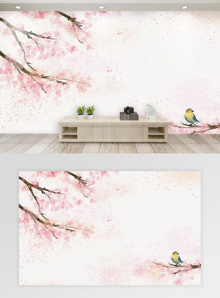 樱花水彩粉色小清新水彩樱花背景墙模板