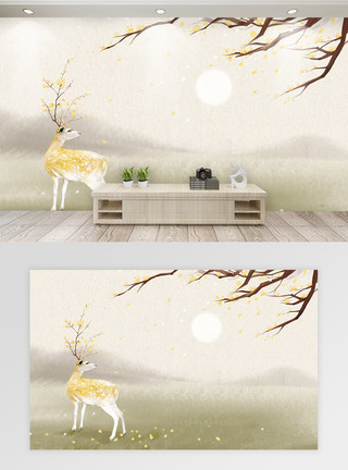 树林中的鹿桂花树鹿装饰画模板