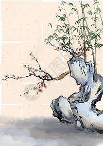 中国风写意竹石竹石图插画