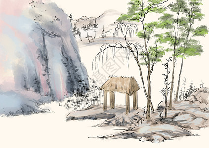 风景图竖版中国风的山水风景图插画
